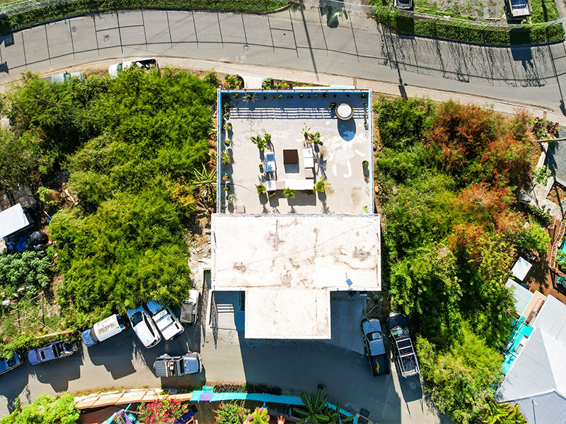 Aerial view of the rooftop terrace and surrounding area