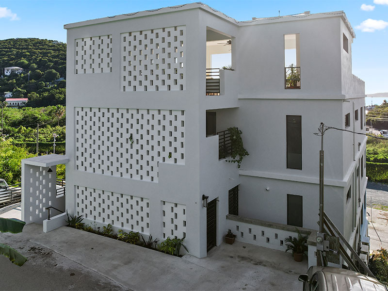 Contemporary building design with geometric facade details